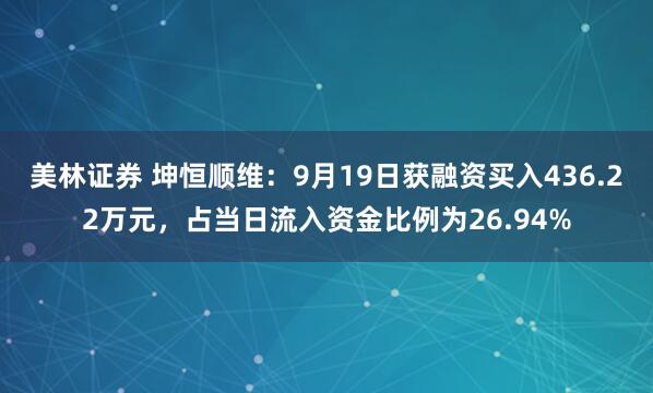 美林证券 坤恒顺维：9月19日获融资买入436.22万元，占当日流入资金比例为26.94%